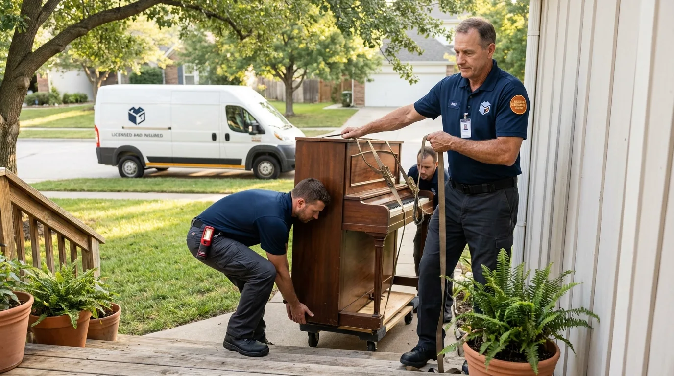 Licensed piano movers securing grand piano in Freehold, NJ