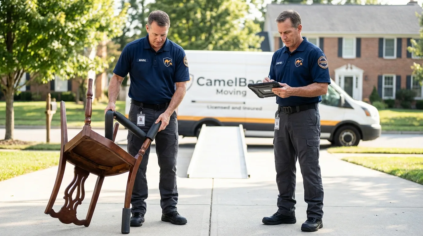 Movers inspecting furniture for damage prevention before loading in Freehold, NJ